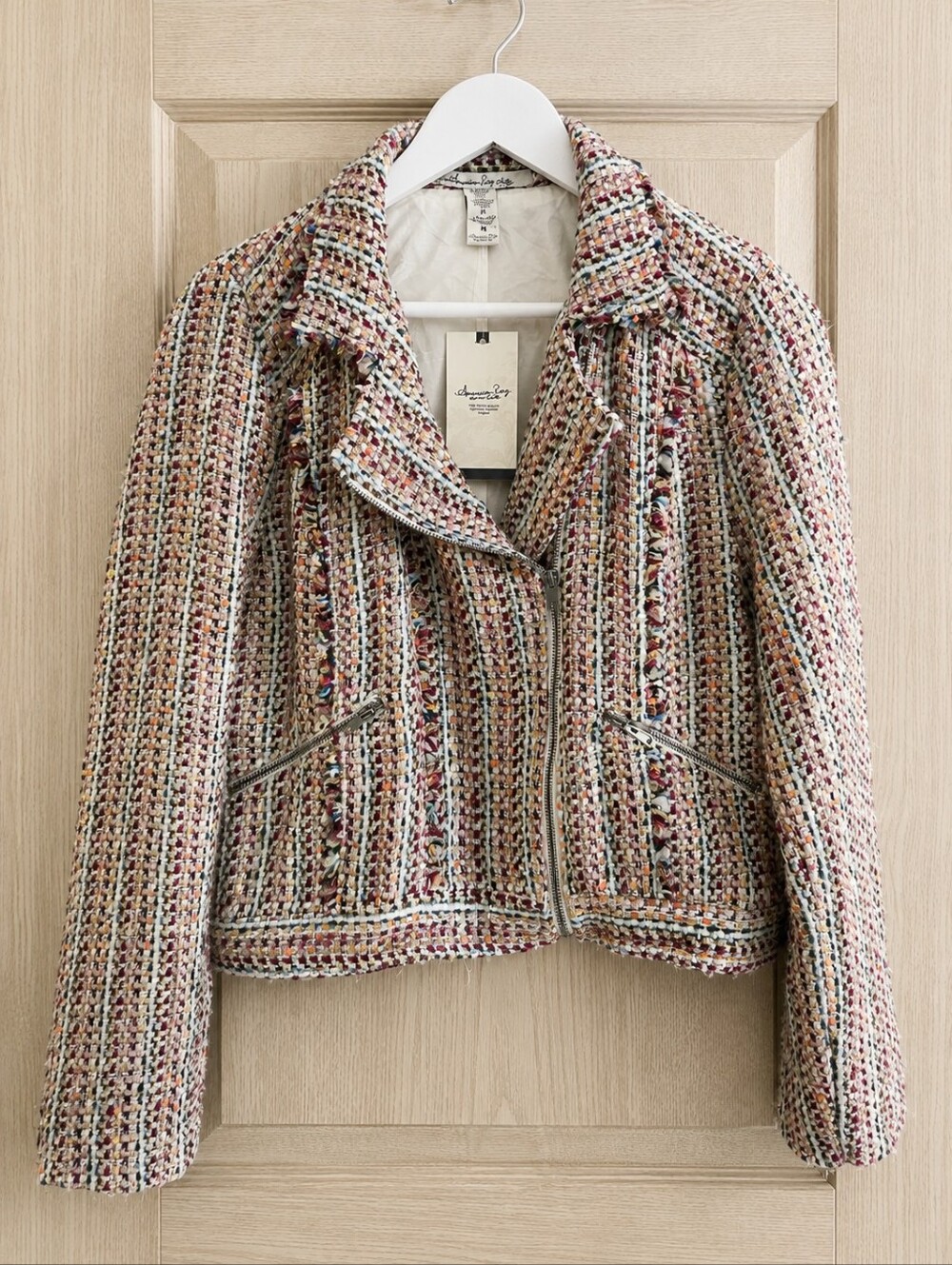 American Rag Cie Tweed Moto Jacket NWT  Egret Combo Fringe Bouclé Zip Jacket M